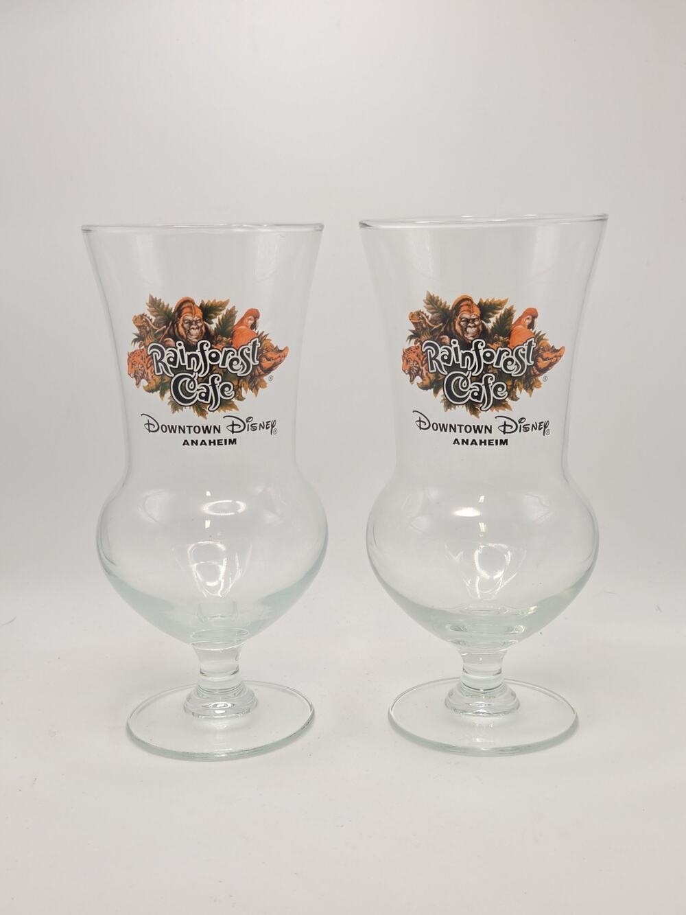 2 Downtown Disney Anaheim Rainforest Cafe Collectible Hurricane Glass Cups W Box